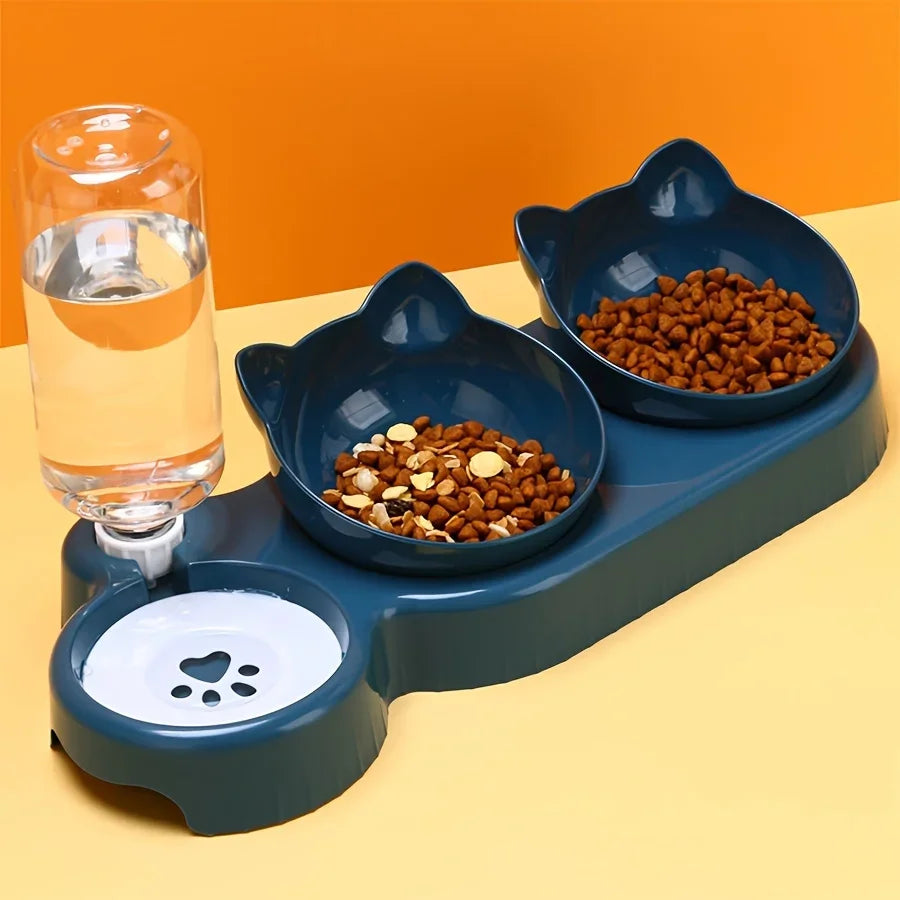 Pet Bowls With Water Feeder, 3 In 1 Ear Design Tilted Cat Water And Food