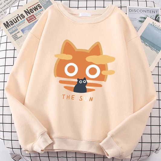 The Sun Orange Cat Fun Cute Print Cartoons Hoody Men Loose
