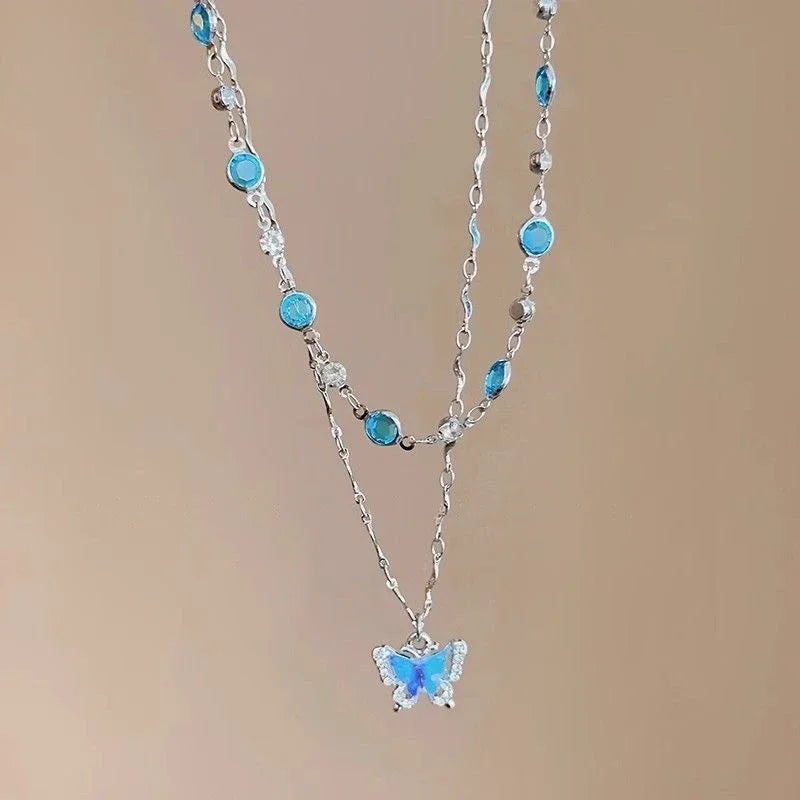 LATS Romantic Blue Crystal Butterfly Necklace for Women Girls Simple