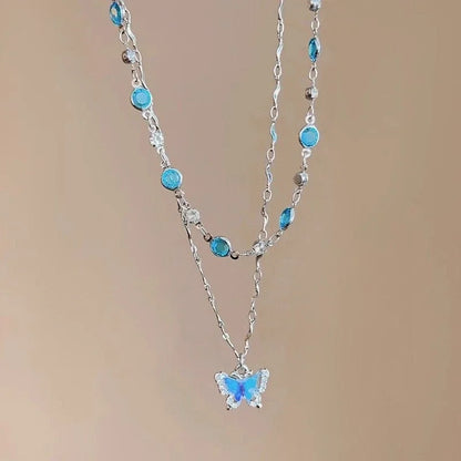 LATS Romantic Blue Crystal Butterfly Necklace for Women Girls Simple