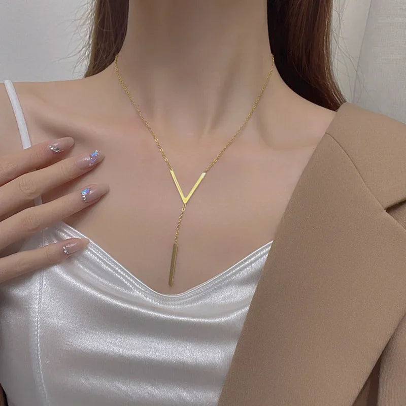 Simple V-shaped Long Sexy Clavicle Necklace Gold Color Long