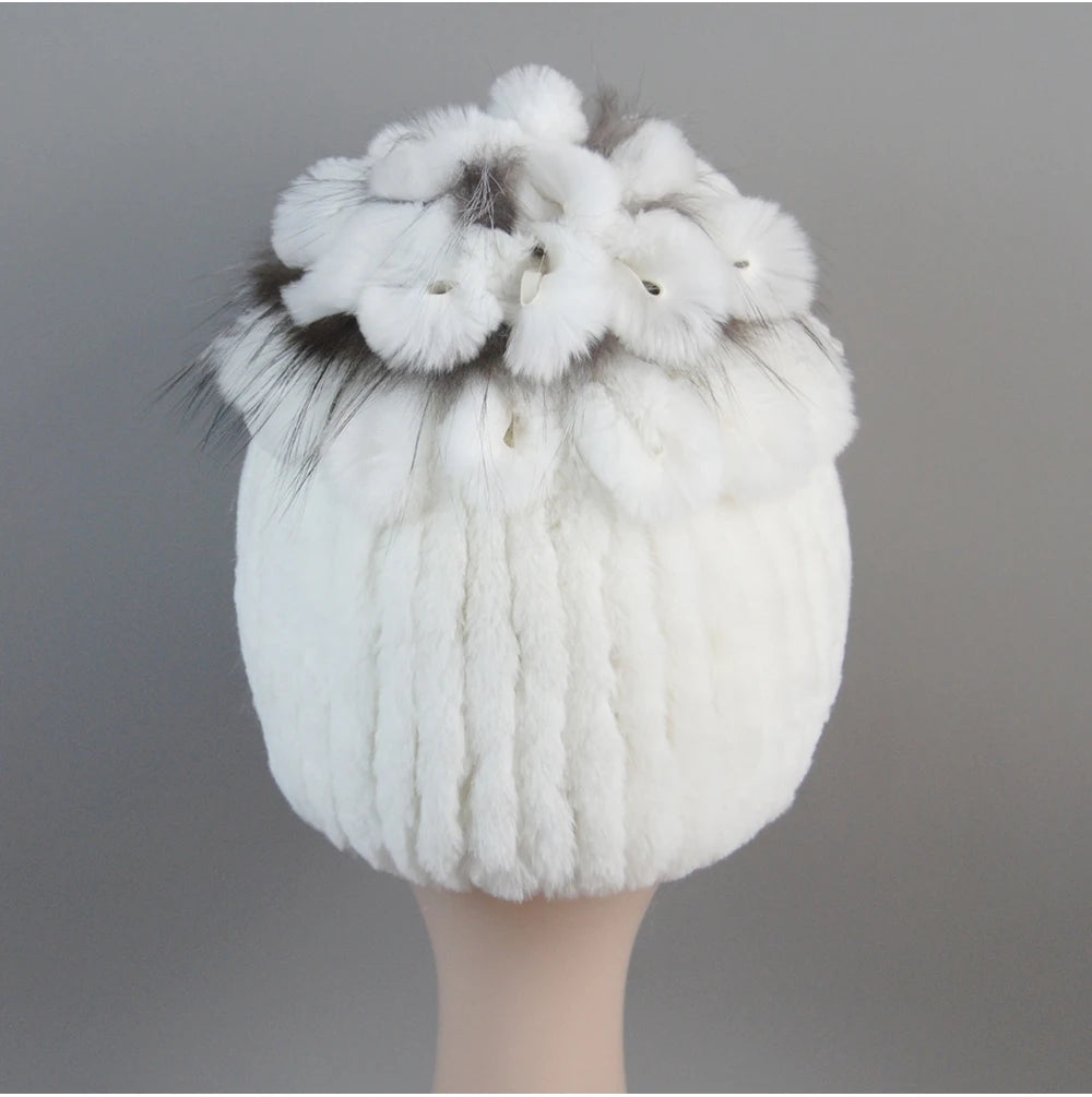 Fur Hats for Women Winter Real Rex Rabbit Hat Fox Fur Knit Female