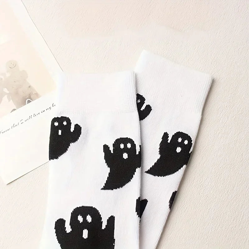 Black  White Halloween Mid-Calf Socks - Trendy Women's Socks