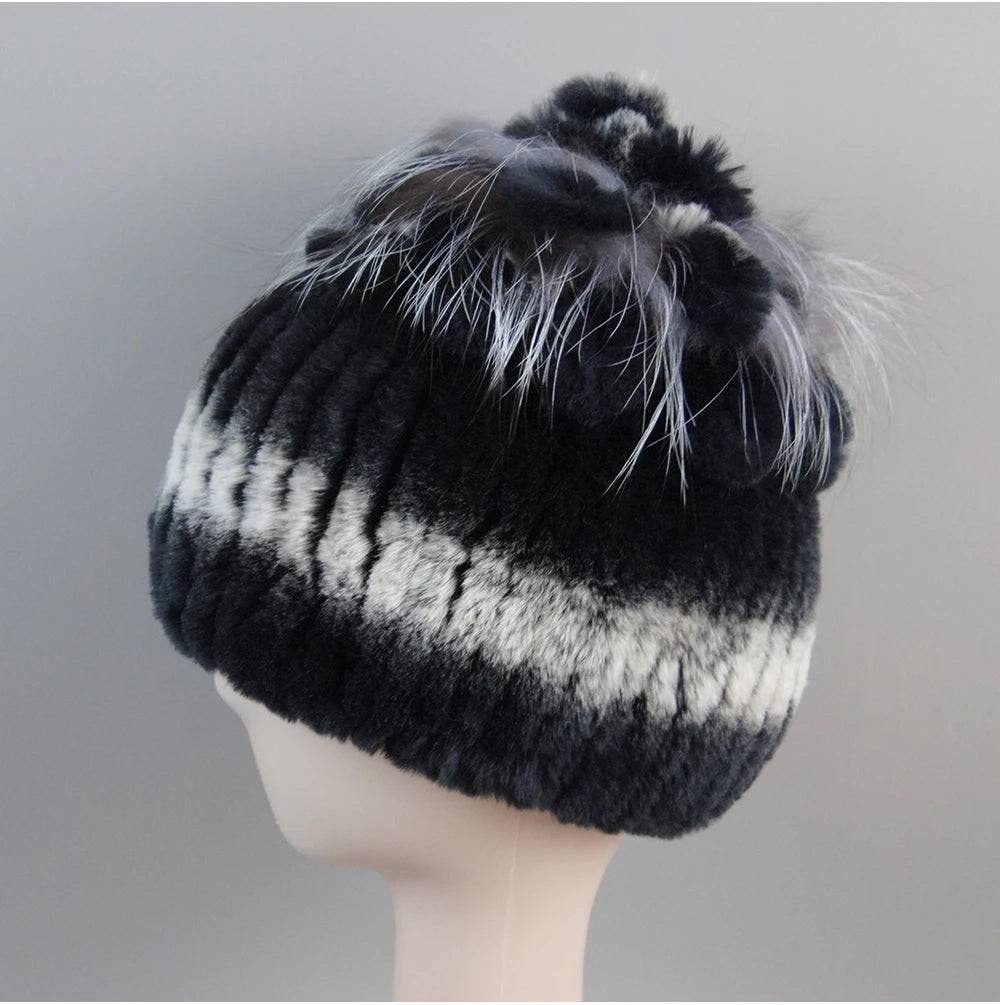 Fur Hats for Women Winter Real Rex Rabbit Hat Fox Fur Knit Female