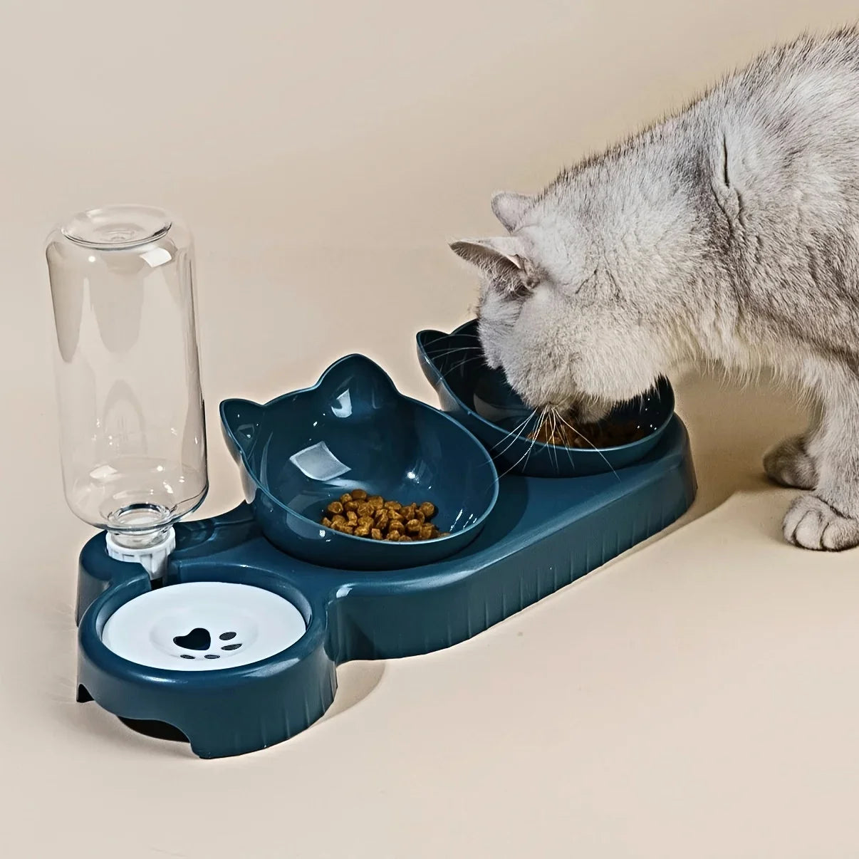 Pet Bowls With Water Feeder, 3 In 1 Ear Design Tilted Cat Water And Food