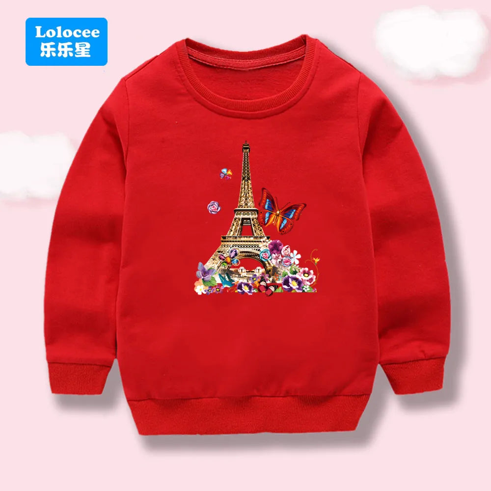 Autumn Kids Sweatshirt Flowers and Butterfly Eiffel Tower Printed