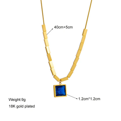 Stainless Steel Square Blue Zircon Necklace For Women