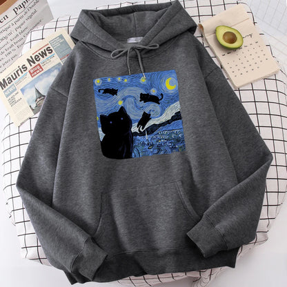 The Starry Cat Night Printing Hoodies Men Autumn Oversize Hoodie