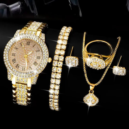 Golden Watch Women Ring Necklace Earrings Rhinestone Fashion
