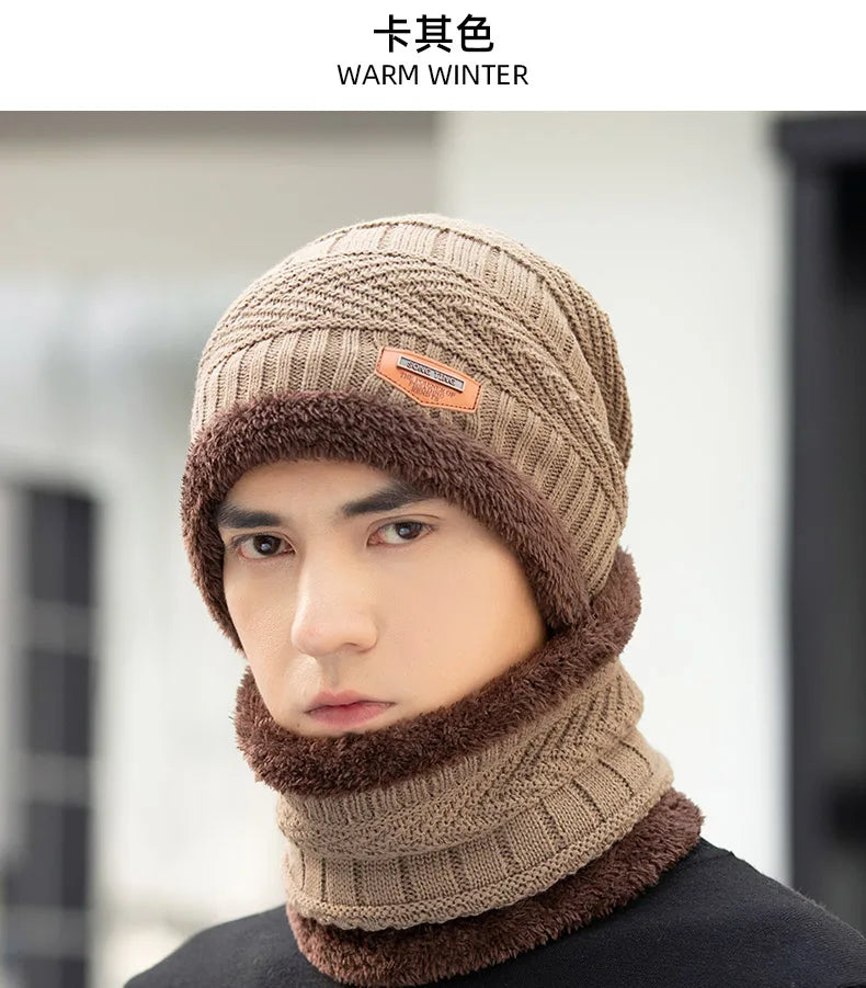 Winter Hat For Men Fleece Scarf Women Neck Leather Knitted