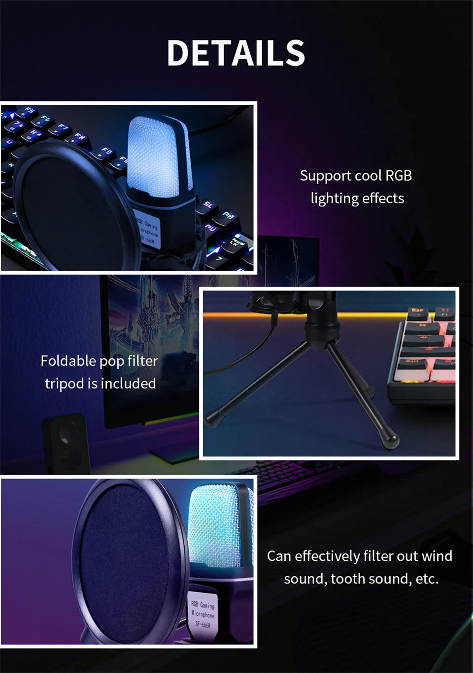 USB Microphone RGB Microfone Condensador Wire Gaming