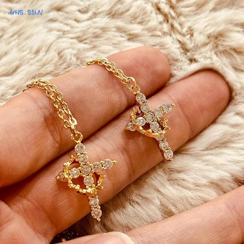 Cubic Zircon Rotatable Crown Cross Pendant Necklaces