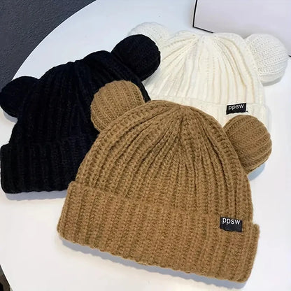 Cute Bear Ear Knitted Wool Hat Women Fashion Hooded Thick