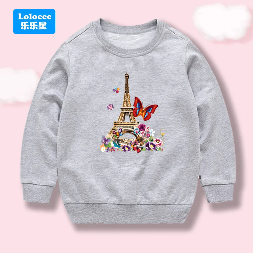 Autumn Kids Sweatshirt Flowers and Butterfly Eiffel Tower Printed