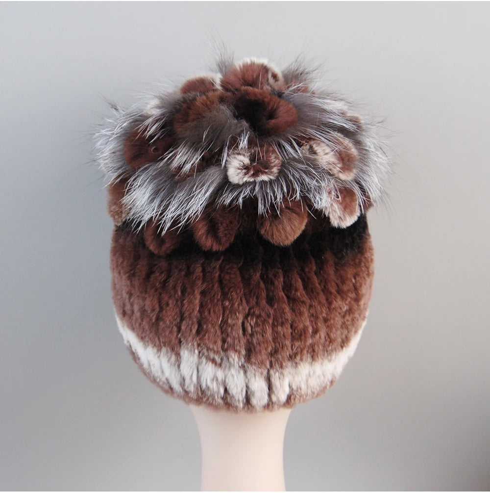 Fur Hats for Women Winter Real Rex Rabbit Hat Fox Fur Knit Female