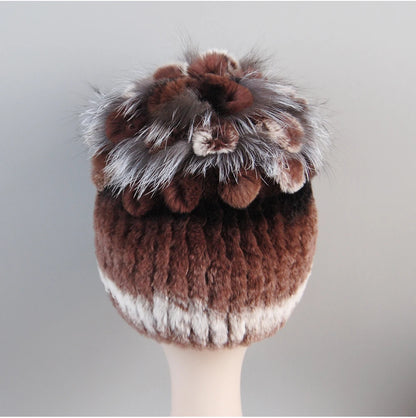 Fur Hats for Women Winter Real Rex Rabbit Hat Fox Fur Knit Female