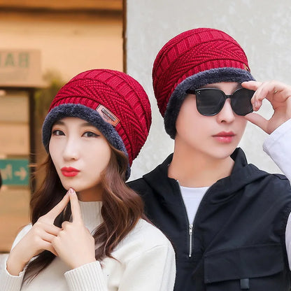 Winter Hat For Men Fleece Scarf Women Neck Leather Knitted