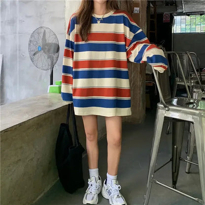 Women's Autumn T-shirt Striped Top Sweatshirt 2024 Korean