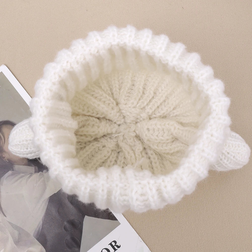 Cute Bear Ear Knitted Wool Hat Women Fashion Hooded Thick