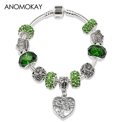 Antique  Silver Tree of Life Charm Bracelets Green Crystal Flower