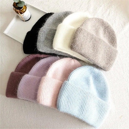 Winter Hats Woman Soft Knit Beanie Warm Rabbit Fur Hat Solid