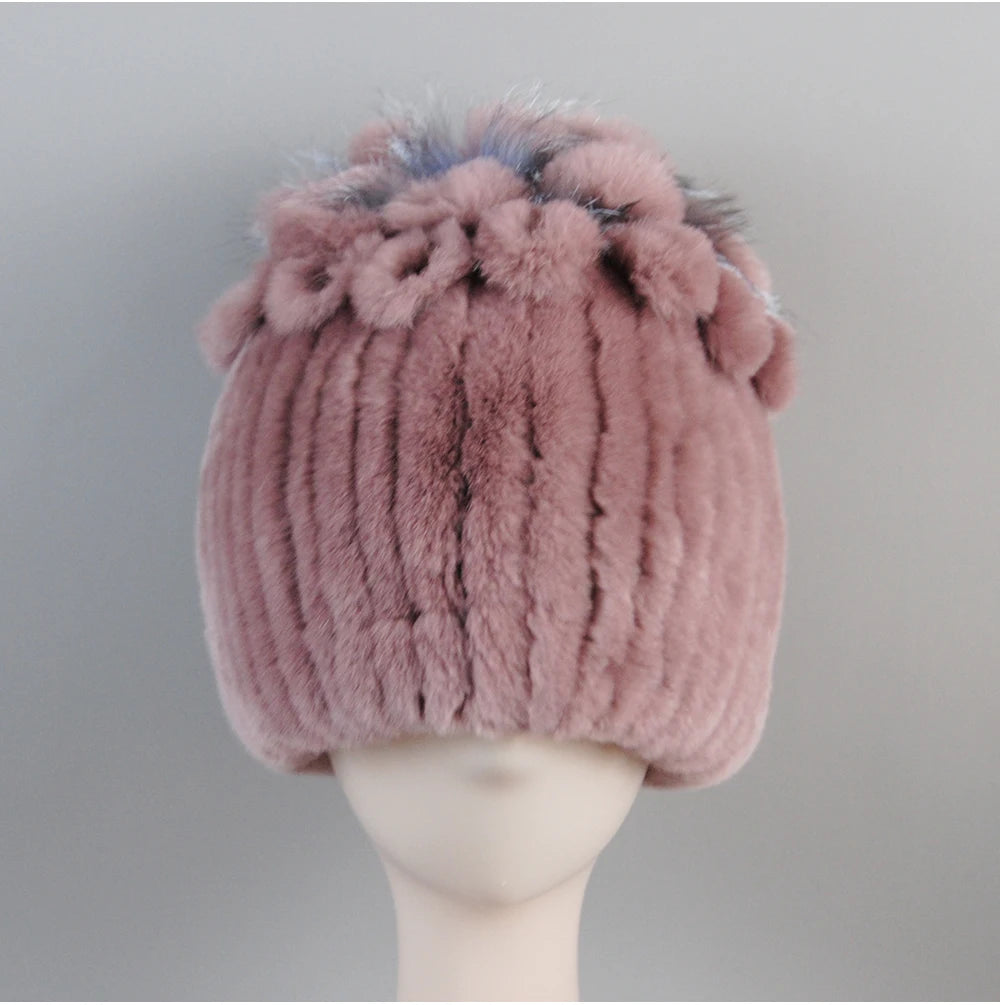 Fur Hats for Women Winter Real Rex Rabbit Hat Fox Fur Knit Female