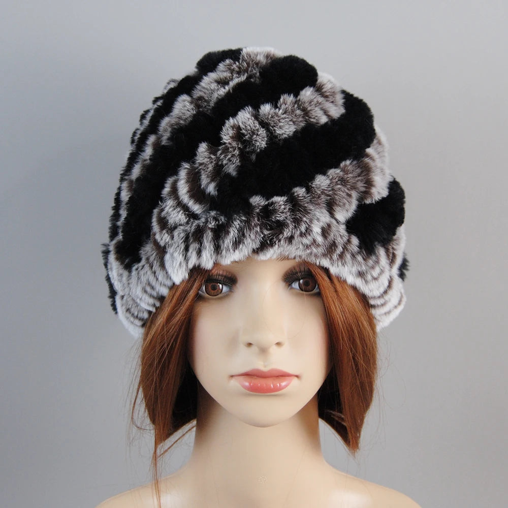 Fur Hats for Women Winter Real Rex Rabbit Hat Fox Fur Knit Female