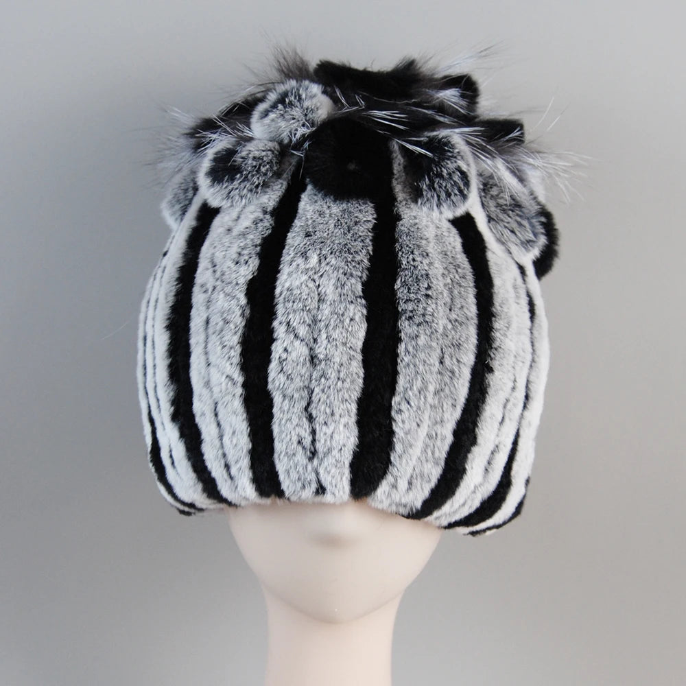 Fur Hats for Women Winter Real Rex Rabbit Hat Fox Fur Knit Female