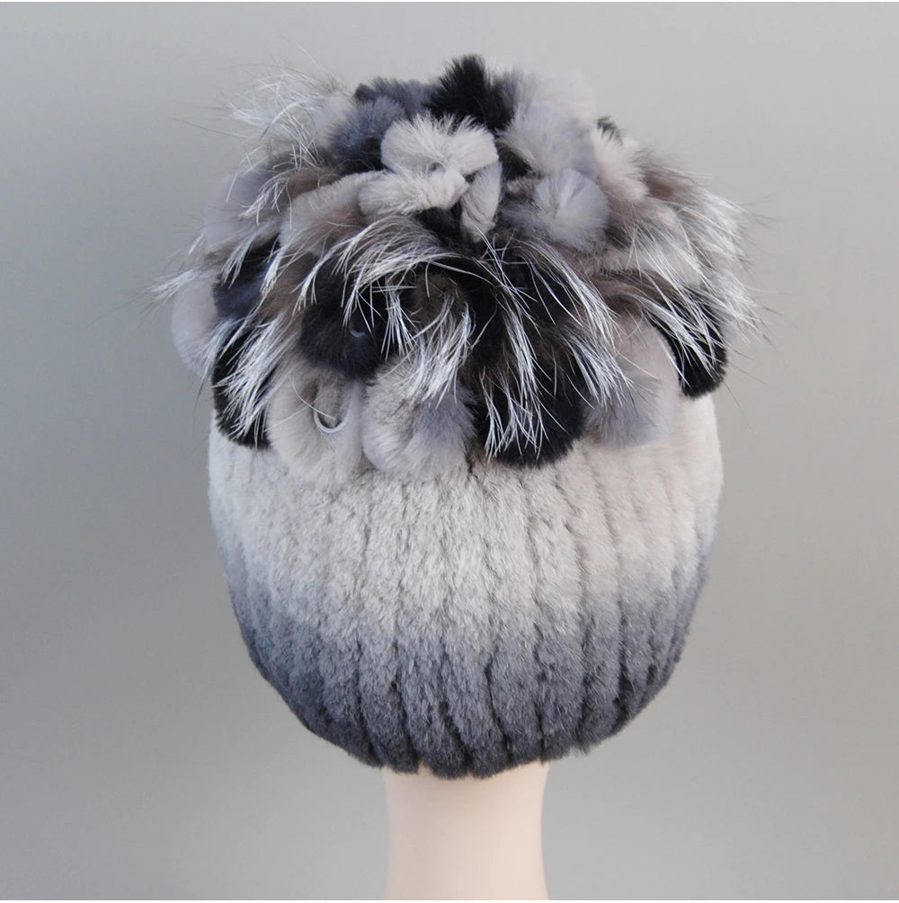 Fur Hats for Women Winter Real Rex Rabbit Hat Fox Fur Knit Female