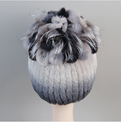 Fur Hats for Women Winter Real Rex Rabbit Hat Fox Fur Knit Female