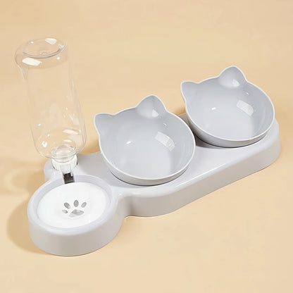Pet Bowls With Water Feeder, 3 In 1 Ear Design Tilted Cat Water And Food