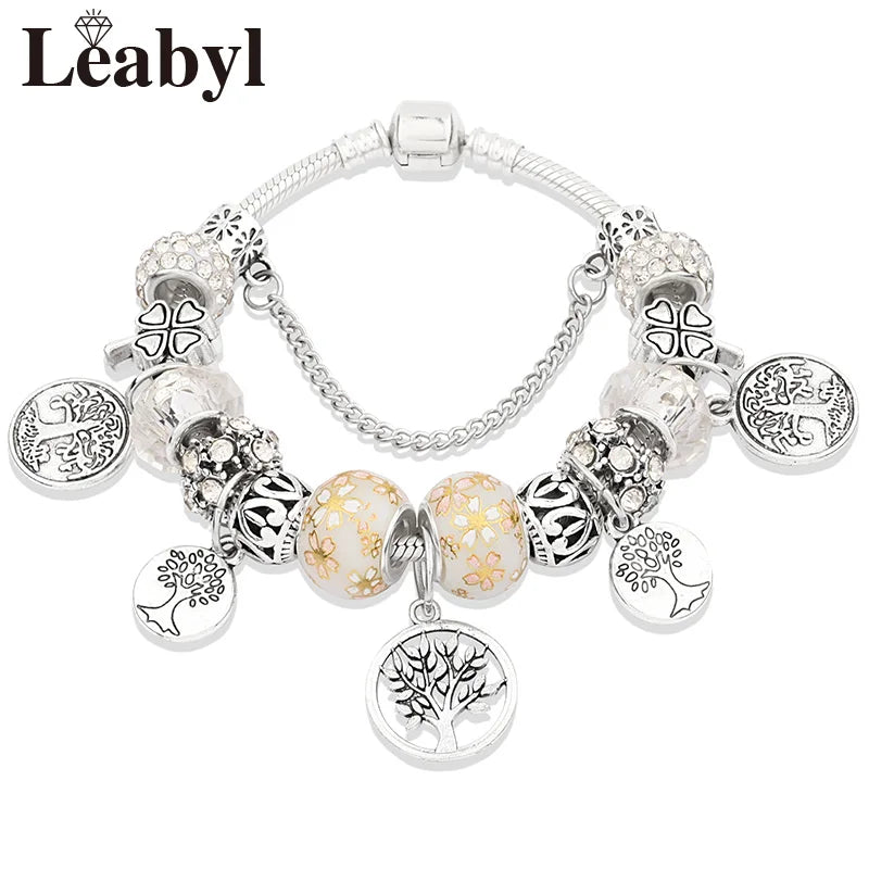 Antique  Silver Tree of Life Charm Bracelets Green Crystal Flower