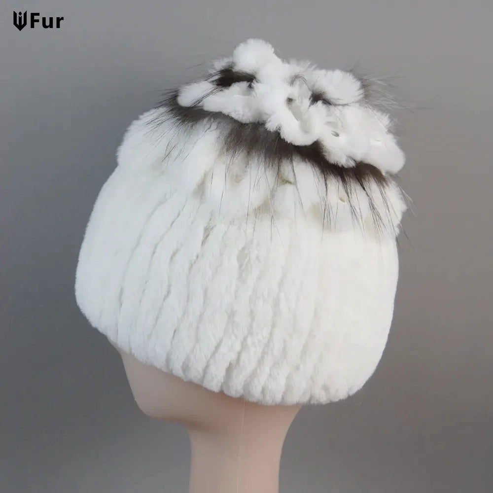 Fur Hats for Women Winter Real Rex Rabbit Hat Fox Fur Knit Female