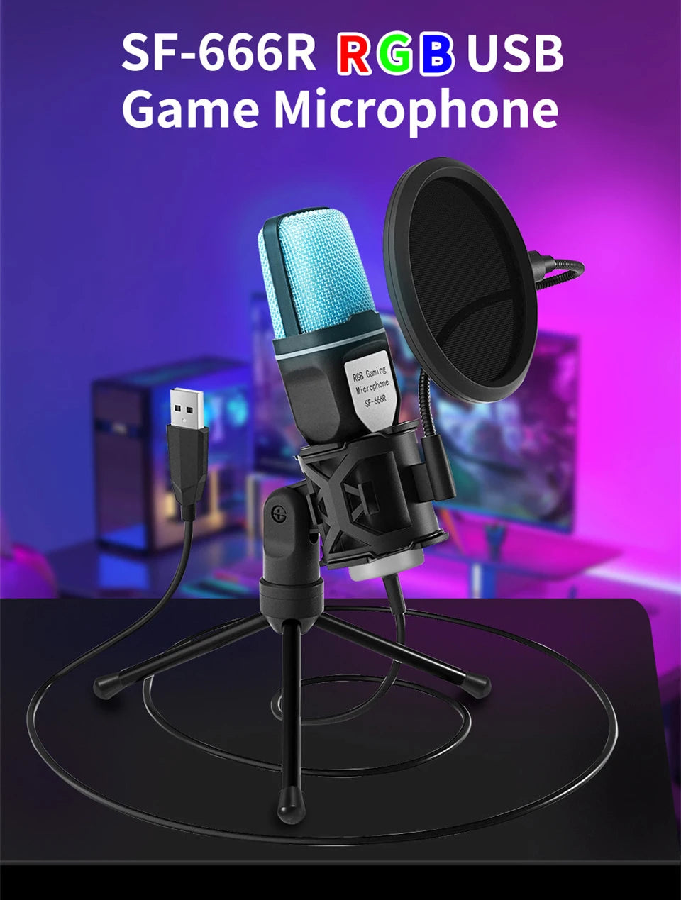 USB Microphone RGB Microfone Condensador Wire Gaming