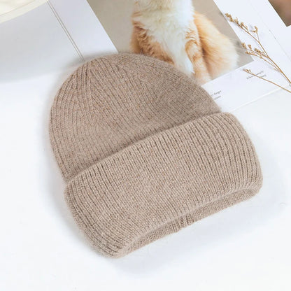 Winter Hats Woman Soft Knit Beanie Warm Rabbit Fur Hat Solid
