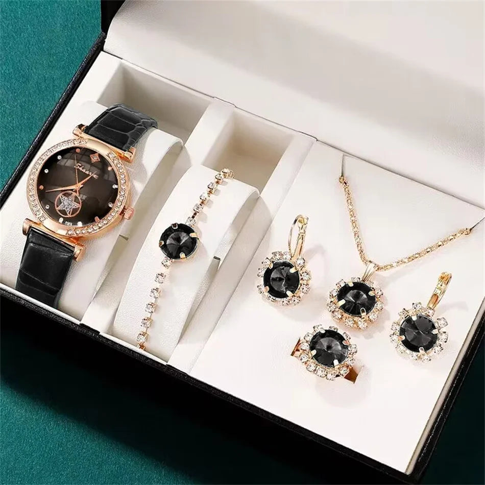 Green Luxury Quartz Watch Women Ring Necklace Earring Rhinestone