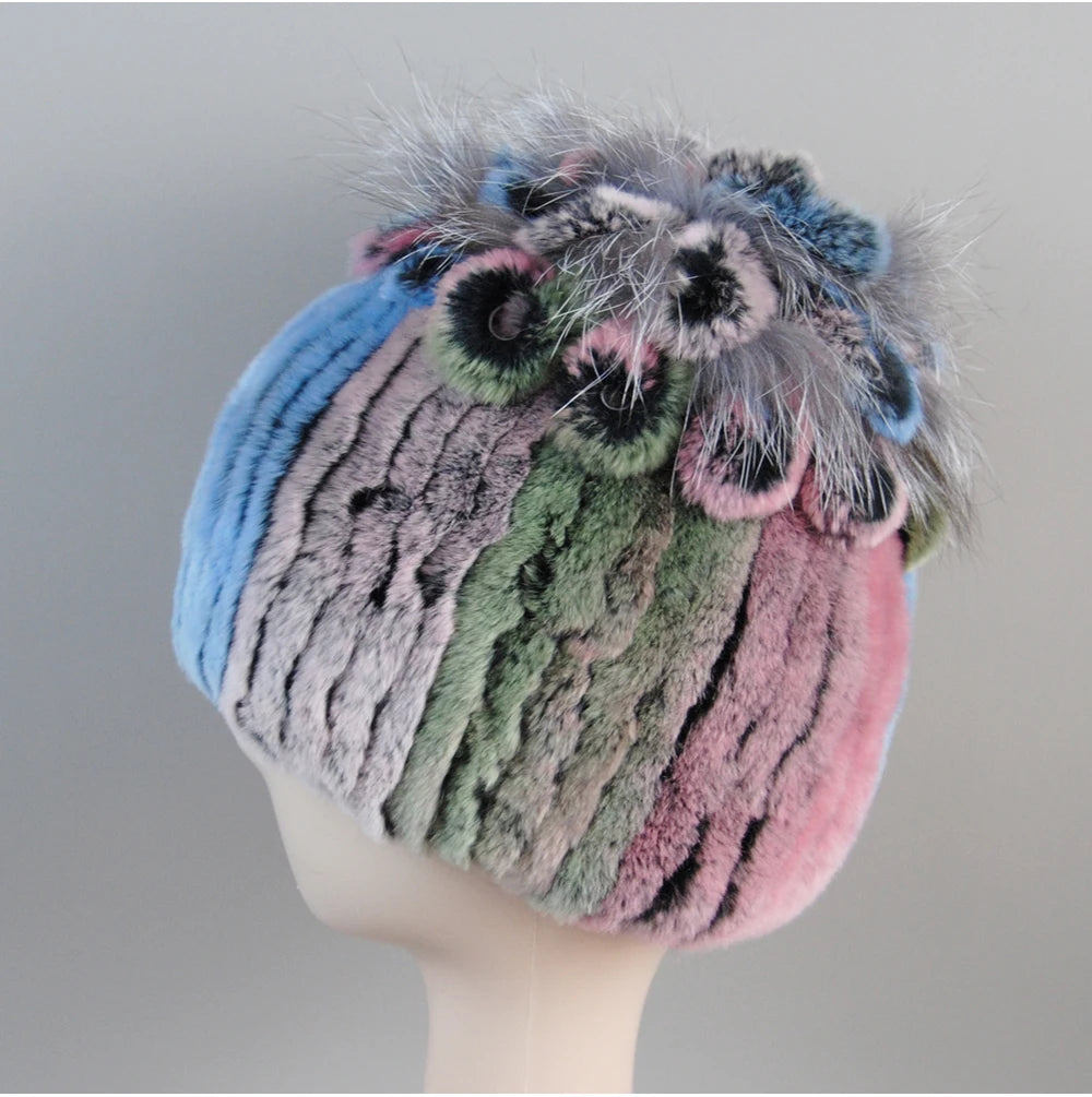 Fur Hats for Women Winter Real Rex Rabbit Hat Fox Fur Knit Female