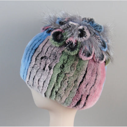 Fur Hats for Women Winter Real Rex Rabbit Hat Fox Fur Knit Female