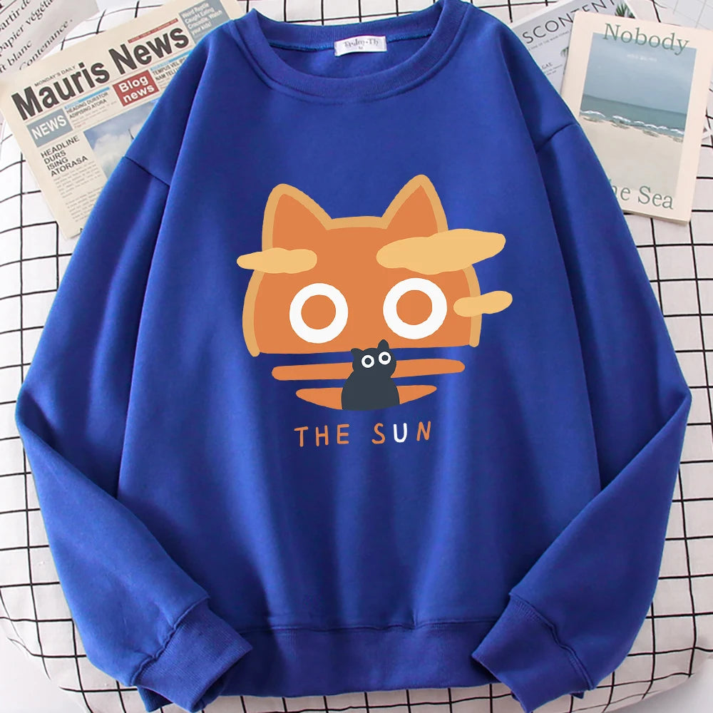 The Sun Orange Cat Fun Cute Print Cartoons Hoody Men Loose