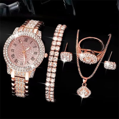 Golden Watch Women Ring Necklace Earrings Rhinestone Fashion