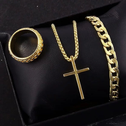 Punk Black Cross Pendant Necklace Thick Chain Bracelet Ring Fashion