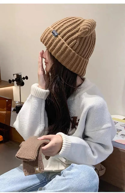 Cute Bear Ear Knitted Wool Hat Women Fashion Hooded Thick