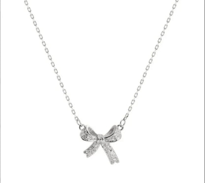 Exquisite Copper Inlaid Zirconia Bow Pendant Necklace for Women