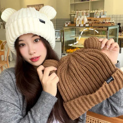 Cute Bear Ear Knitted Wool Hat Women Fashion Hooded Thick