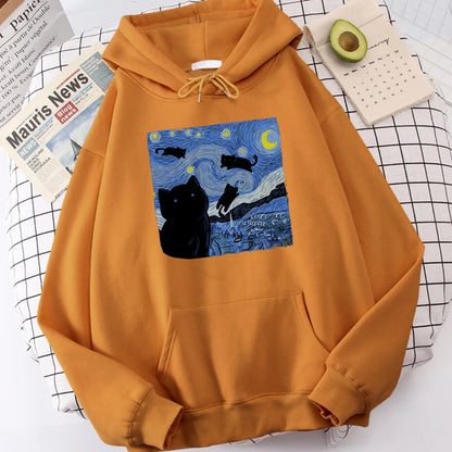 The Starry Cat Night Printing Hoodies Men Autumn Oversize Hoodie