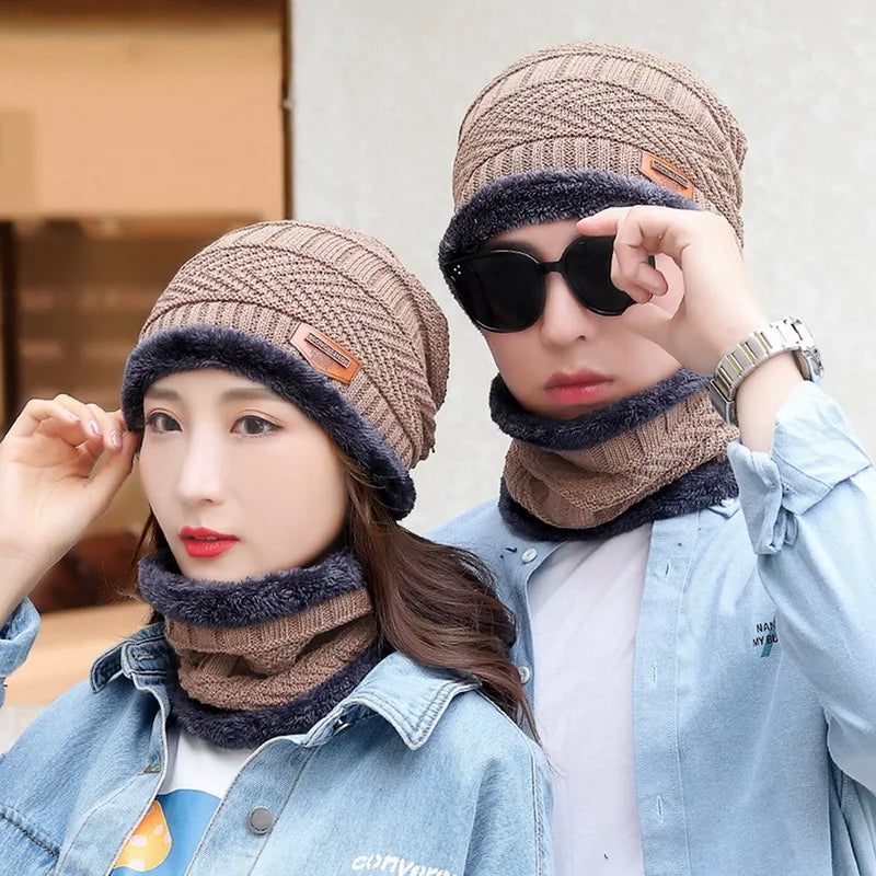 Winter Hat For Men Fleece Scarf Women Neck Leather Knitted