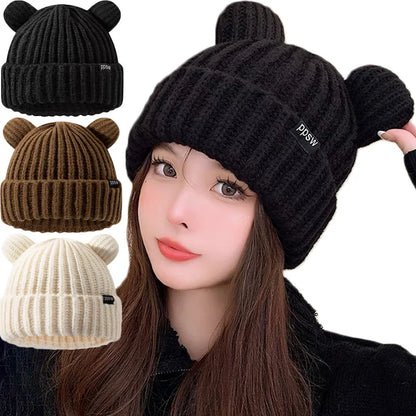 Cute Bear Ear Knitted Wool Hat Women Fashion Hooded Thick