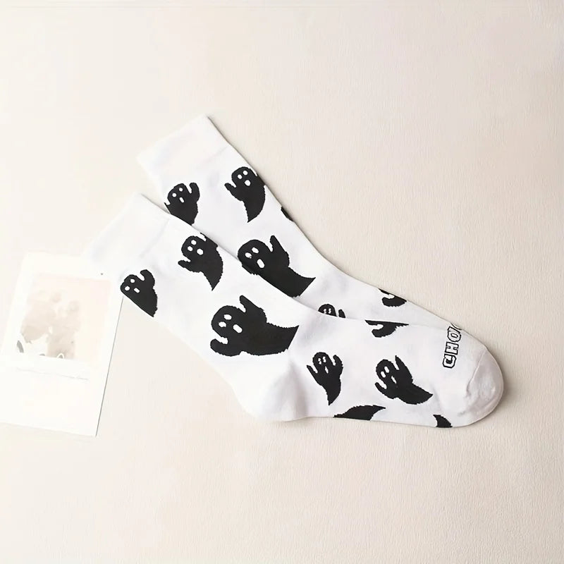 Black  White Halloween Mid-Calf Socks - Trendy Women's Socks