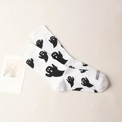 Black  White Halloween Mid-Calf Socks - Trendy Women's Socks
