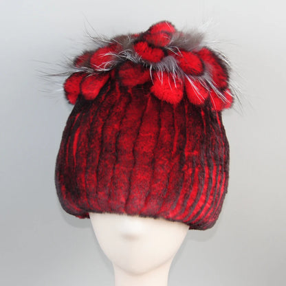 Fur Hats for Women Winter Real Rex Rabbit Hat Fox Fur Knit Female